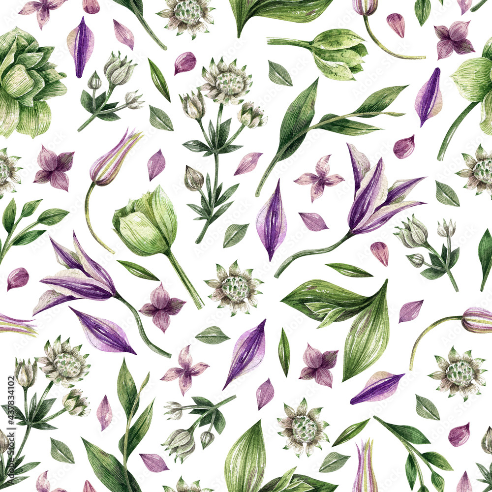Watercolor hand painted seamless pattern with purple flowers. Delicate floral background. Botanical illustration for wrapping paper, textile, decorations.