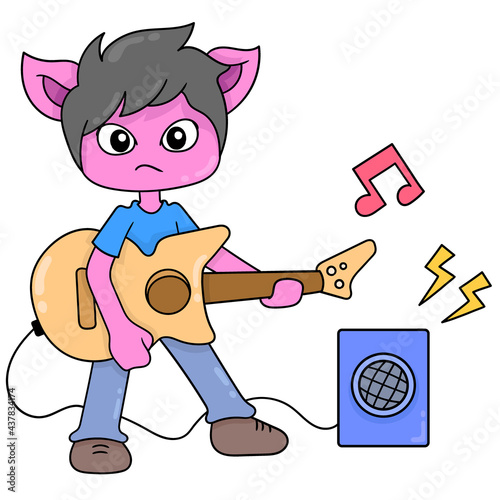 band kitten playing music using guitar, doodle icon image kawaii