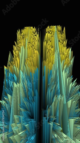 intricate geometric image in shades of blue and turquoise blue and yellow gold on a black background