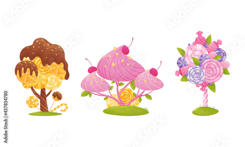Cartoon Sweet Candy Trees as Fantasy Nature Vector Set