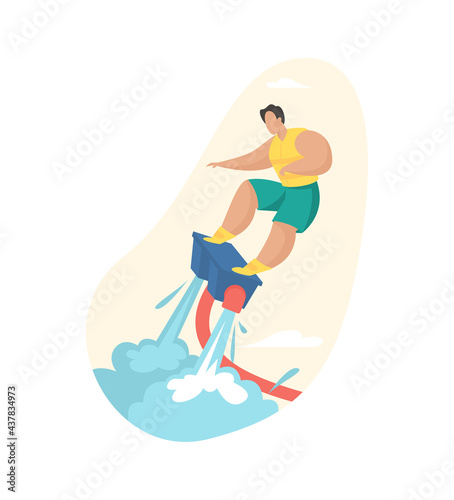 Man riding jet water board. Fast extreme attraction with powerful flyboard. Vacationer in life jacket soars acrobatic on sea. Summer adventure in motion with jet. Vector flat illustration isolated