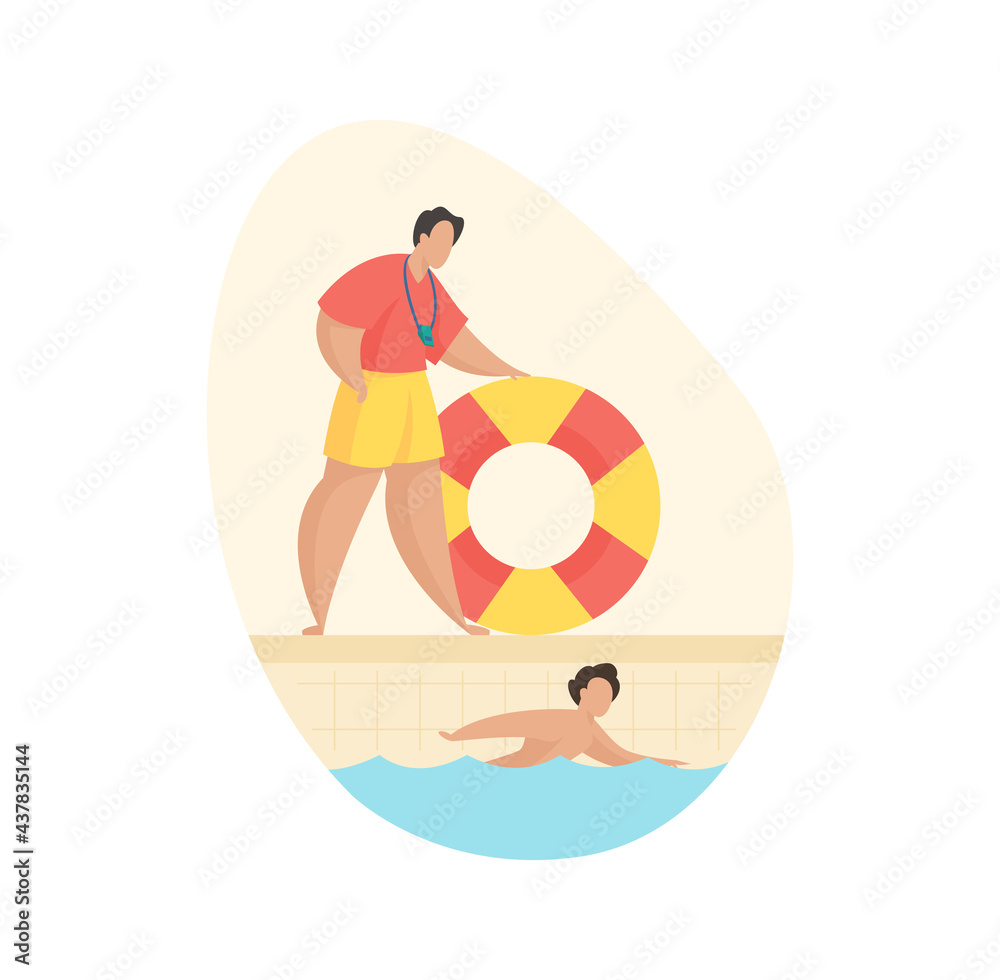 Rescue service pool. Man with lifebuoy watches child swimming in basin ...