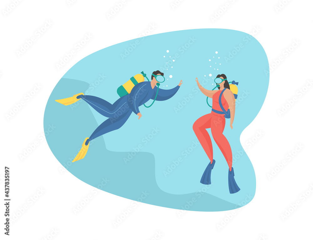 People diving. Fascinating deep dive into tropical corals. Male and female characters with scuba gear masks swimming underwater. Extreme exploration undersea world. Vector flat illustration isolated