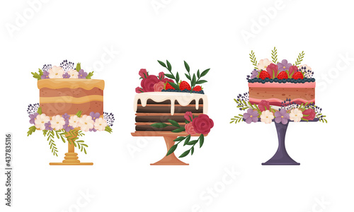 Creamy Tier Cake Decorated with Flowers and Berries Standing on Pedestal Cake Plate Vector Set