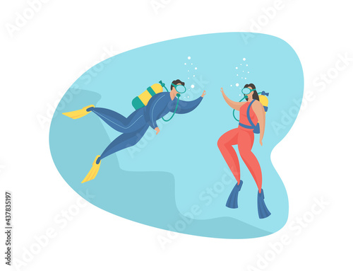 People diving. Fascinating deep dive into tropical corals. Male and female characters with scuba gear masks swimming underwater. Extreme exploration undersea world. Vector flat illustration isolated