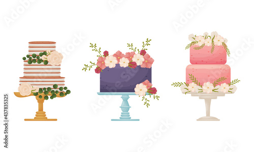 Creamy Tier Cake Decorated with Flowers and Twigs Standing on Pedestal Cake Plate Vector Set