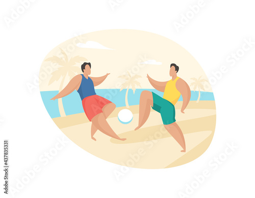 People play beach soccer. Active sports sea sandy coast. Guys pass ball each other on tropical beach. Open training for professionals and fun team game vacationers. Vector flat illustration isolated