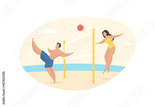 Beach footvolley with ball. Girl throws catch over net and guy kicks it. Active rest on seaside. Fun summer game competition. Vacationers on tropical beach. Vector flat illustration isolated © Дмитрий Муску