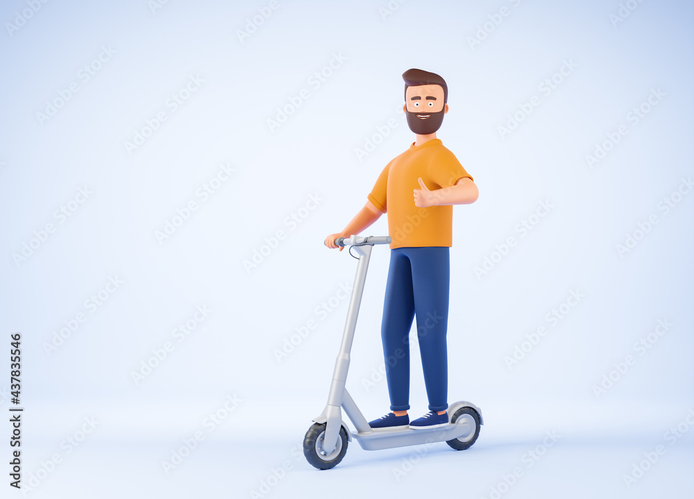 Cartoon beard character man in yellow t-shirt ride electric kick scooter and show thumb up over blue background. Eco friendly urban city transport concept.