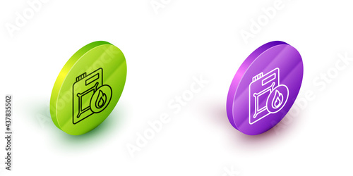 Isometric line Canister for motor machine oil icon isolated on white background. Oil gallon. Oil change service and repair. Engine oil sign. Green and purple circle buttons. Vector