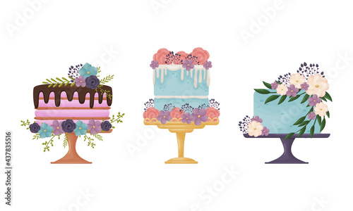 Creamy Tier Cake Decorated with Flowers and Twigs Standing on Pedestal Cake Plate Vector Set