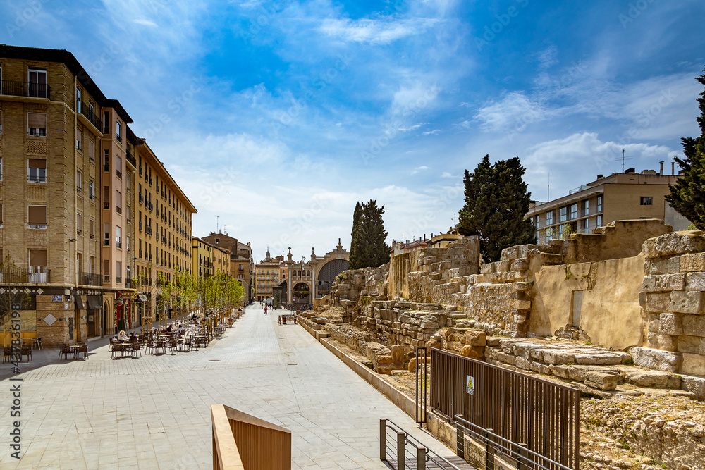 historic Roman wall in the city of Zaragoza, Spain on a sunny day