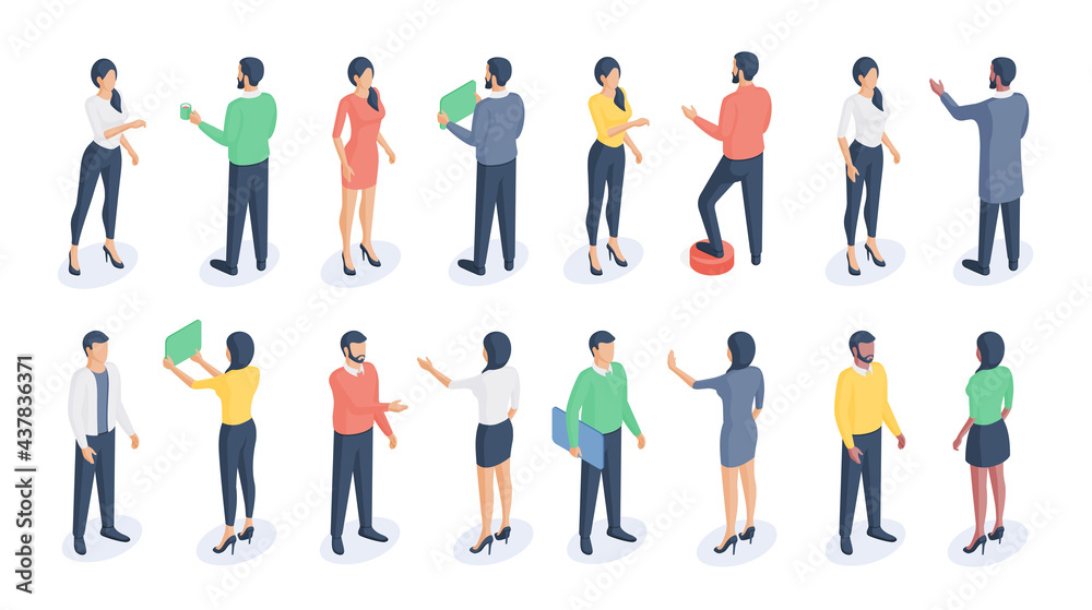 Vector graphic set of isometric formal men and women communicating and interacting with gadgets arranged and isolated on white background