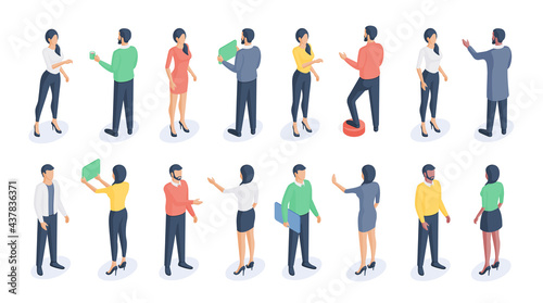 Vector graphic set of isometric formal men and women communicating and interacting with gadgets arranged and isolated on white background
