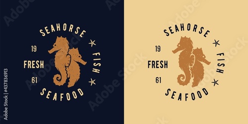 Seahorse for seafood. Marine logo of fresh fish. Nautical wanderlust and adventure for print. Ocean explorer