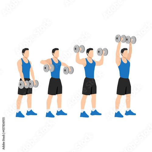 Man doing Dumbbell cuban press exercise. Flat vector illustration isolated on white background