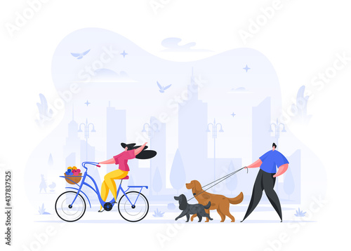 People walking and relaxing on street vector illustration. Man walks purebred dog on leash. Joyful woman rides bicycle with basket full colorful flowers. Healthy summer walks in fresh cartoon air.