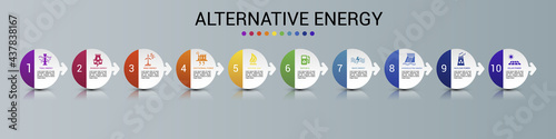 Infographic Alternative Energy template. Icons in different colors. Include Tidal Energy, Biomass Energy, Wind Energy, Geothermal Power and others.