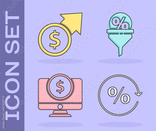 Set Discount percent tag, Financial growth and coin, Computer monitor with dollar and Lead management icon. Vector