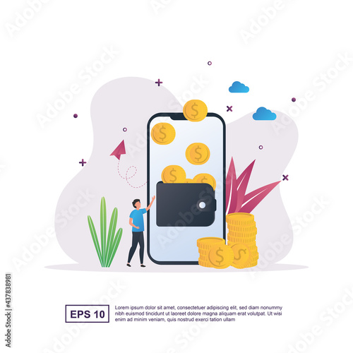 Illustration concept of e-wallet with a wallet filled with wallet on the screen and coins.