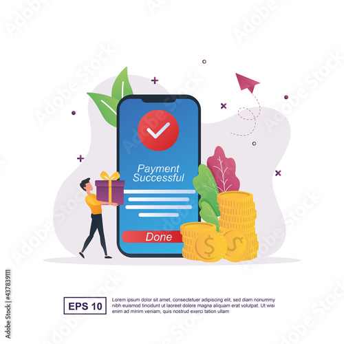 Illustration concept of online payment with a notification if the payment is successful on the screen.
