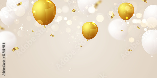 Celebration party banner with Gold balloons background. Sale Vector illustration. Grand Opening Card luxury greeting rich.