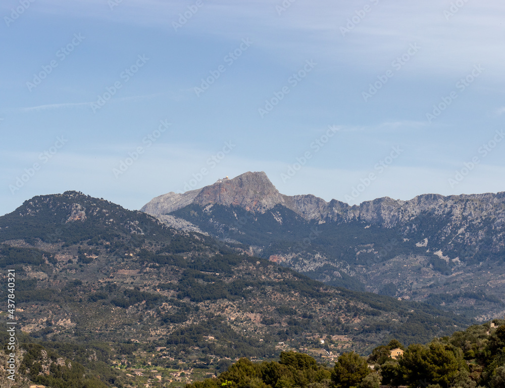 Mallorca Panoramic view with lush spring vegetation and mountain scenery with puig major