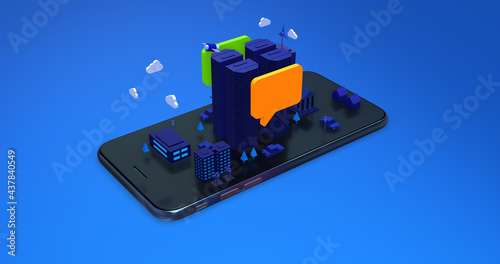 Online Chat Symbol In Smart City. Skyscrapers On Smart Phone. Night Time. Technology Related 3D Illustration Render.
