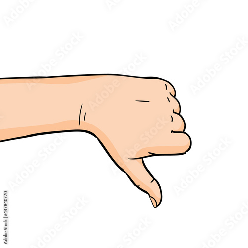 The gesture of dislike. Hand showing thumb down on white background.