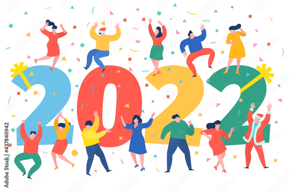 Fototapeta premium Business people, man and woman building a numbers 2022, in flat modern style. preparing to meet the new year .