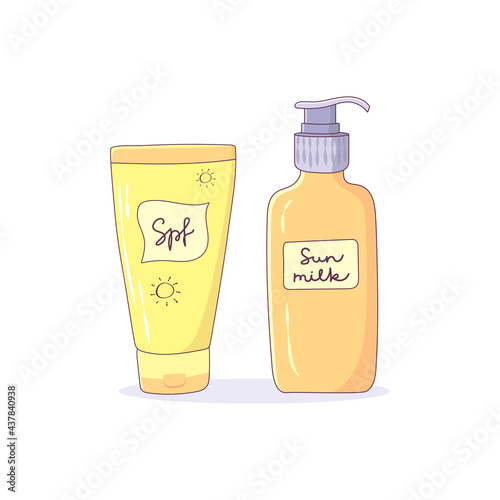 Sunscreen and milk isolated on white background. Sunblock for sun protection. Cosmetics for summer vacations. Vector illustration in cartoon style