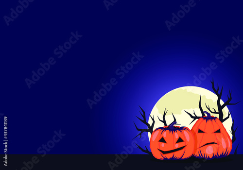 Two pumpkins with carved scary faces on the background of branches and the moon. Empty space. Pumpkins for Halloween. Vector illustration.