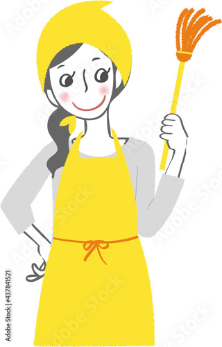 掃除道具を持つ女性。（はたき）