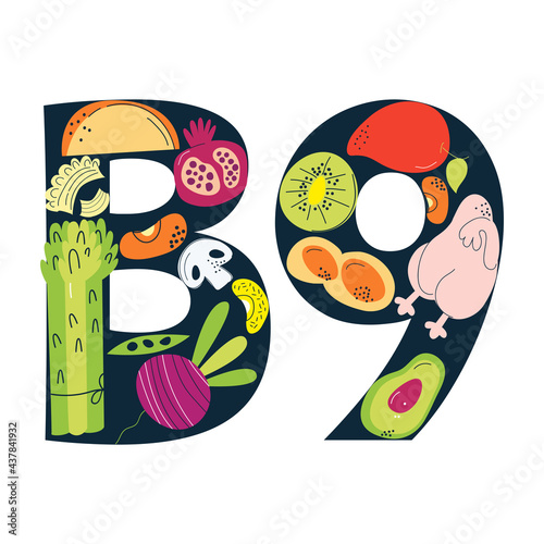 The main food sources of vitamin B9. Healthy food concept.