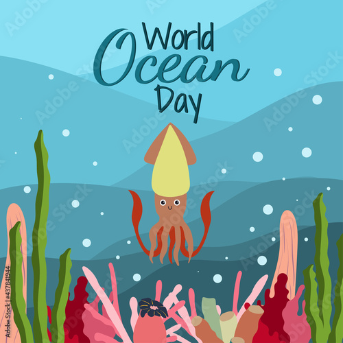 World ocean day in cartoon style on blue background with cute squid, seaweed and corals. Square orientation. Vector graphic. June 8.