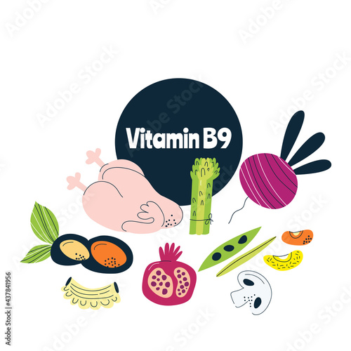 The main food sources of vitamin B9. Healthy food concept.