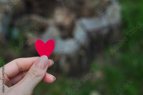 Foto Red heart on natural background copy space, concept of love
