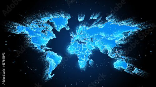 Vector. Map of the planet Earth with borders of countries on a dark background. Glowing continental contours with Glitch effect. Global communication networks. Technology and the Internet.