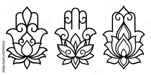 Set of decorative hamsa symbols with lotus flower. Elements of patterns for laser and plotter cutting, embossing, engraving, printing on clothing. Ornaments for henna drawings in the oriental style.