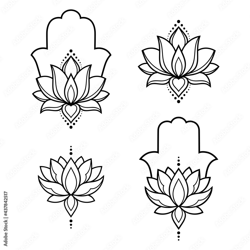 Set of Hamsa hand drawn symbol with lotus flower. Decorative pattern in ...