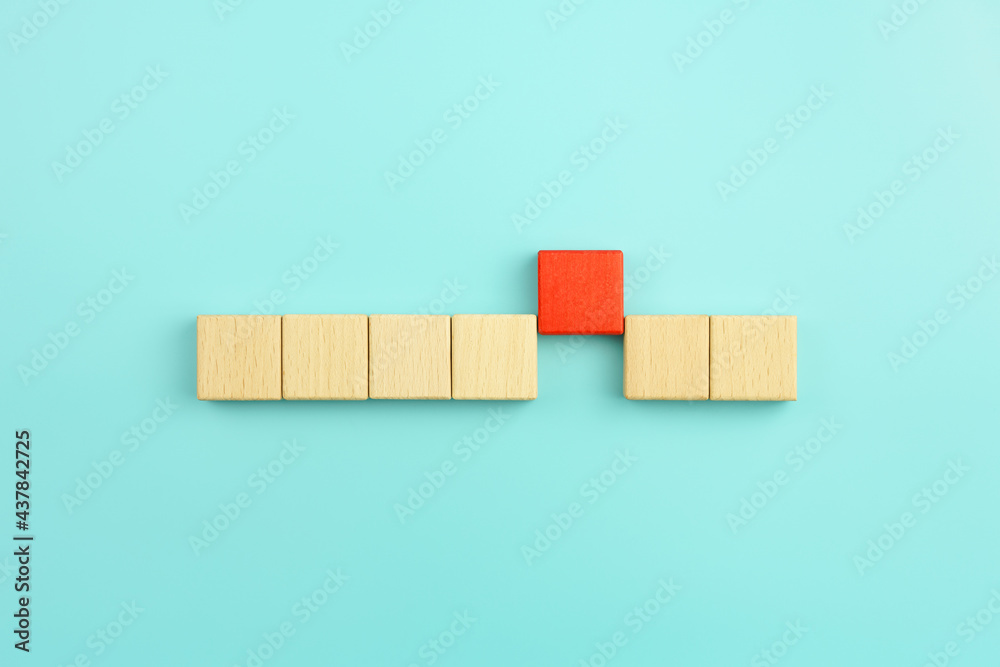 Leadership, dissenting opinion, divergent views concepts, Red wooden block standing out from the group wooden blocks on blue background Leadership, dissenting opinion, divergent views concepts, Red wooden block standing out from the group wooden blocks on blue background