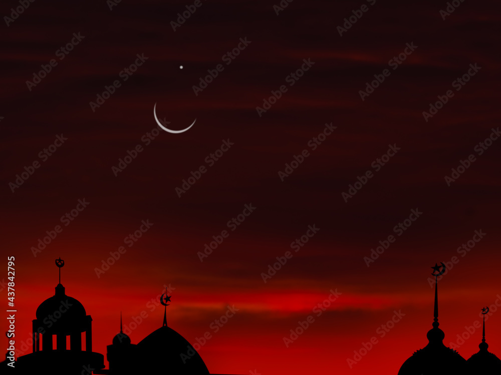 Ramadan kareem religion symbols. Mosques Dome in twilight night with Crescent Moon and sky dark black background. for eid al-fitr, arabic, Eid al-adha concept.