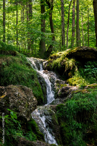 Kazu Grava waterfall in the middle of a beautiful green and lush forest illuminated by the sunlight in Latvia