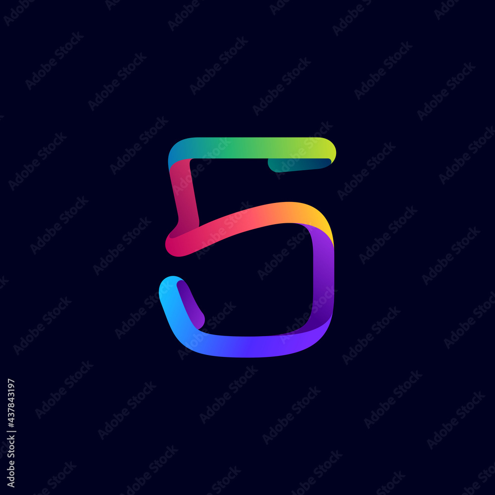 Number five logo made of multicolor gradient neon line. Number five logo made of multicolor gradient neon line.