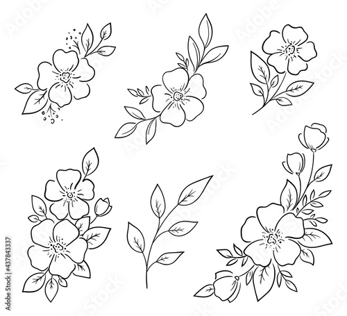 Minimalistic floral decorative elements. For the design of postcards  invitations  stickers  minimal tattoos. Set of natural flower drawings  vector illustration.