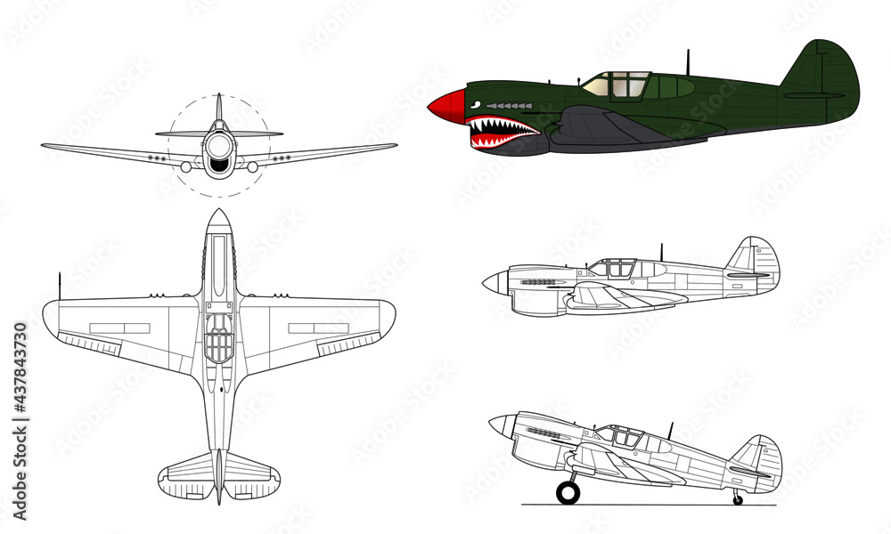 P-40 Warhawk / Kittyhawk WWII fighter aircraft. Vector illustration in black and white line drawing. Color side profile.