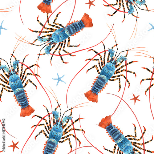 Beautiful vector seamless sea life pattern with watercolor hand drawn rainbow lobster. Stock illustration.