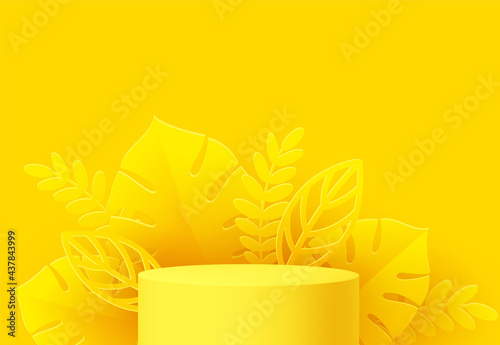 Yellow Product podium with paper cut monstera leaf on yellow background. Modern mockup template for advertising. Vector illustration