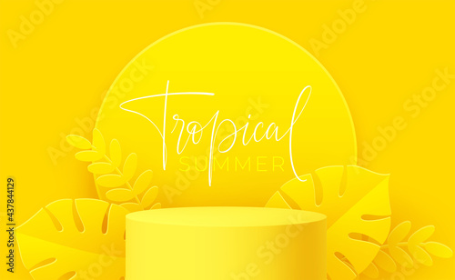 Yellow Product podium with paper cut monstera leaf on yellow background. Modern mockup template for advertising. Vector illustration