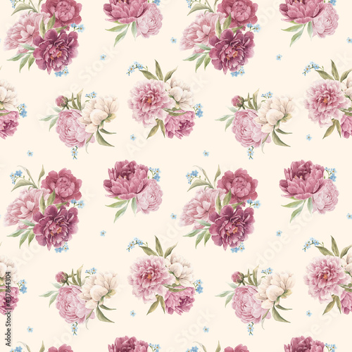 Beautiful seamless floral pattern with hand drawn watercolor gentle pink peony flowers. Stock illuistration.